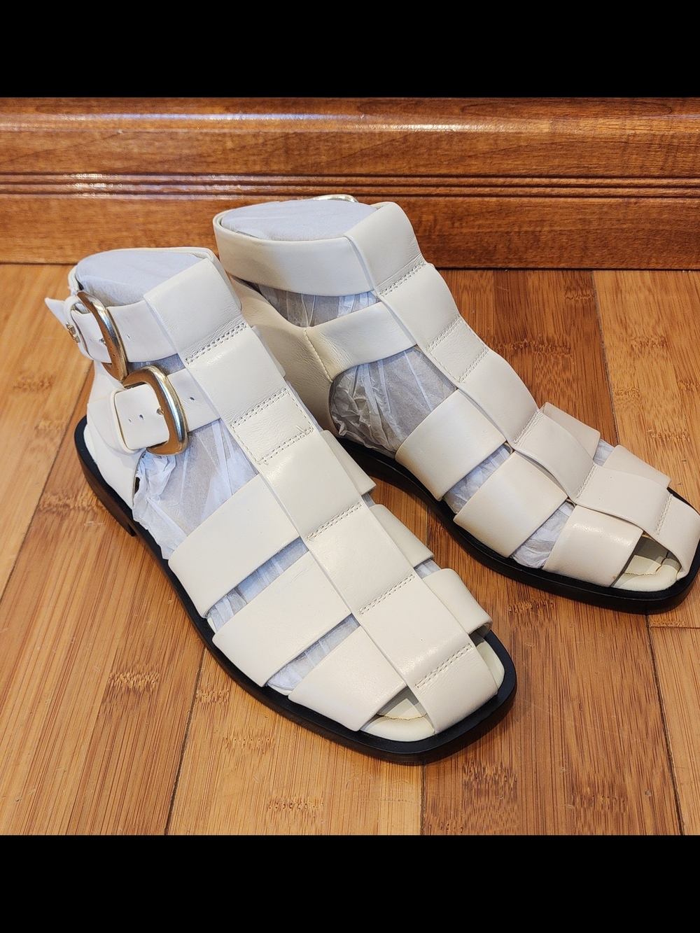 Sam Edelman White Woven Gladiator Sandals with Gold Buckles